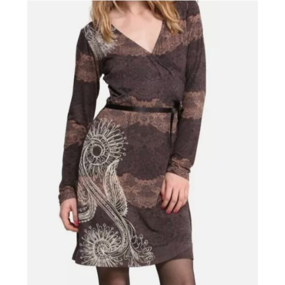 Desigual Why? 47V2048 Women's Brown Faux Wrap Embroidered Belted Dress sz. M - Picture 1 of 9